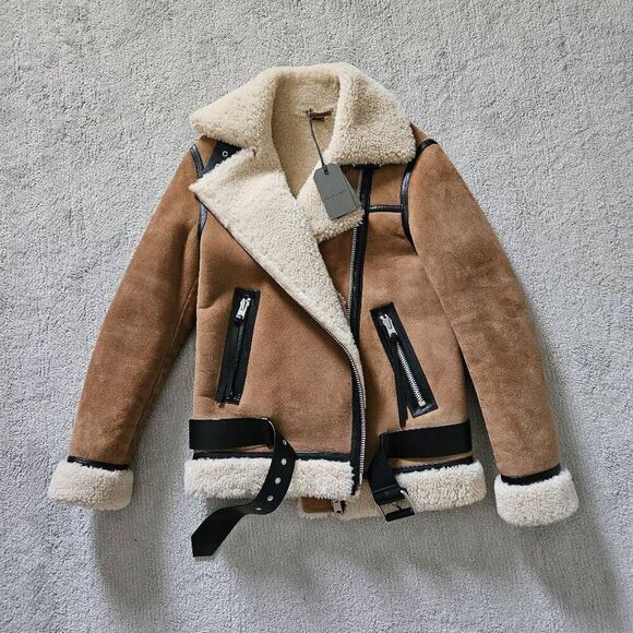 AllSaints Rei Shearling Suede Leather Moto Jacket Size Small in Sand Brown/Ecru - Picture 3 of 11